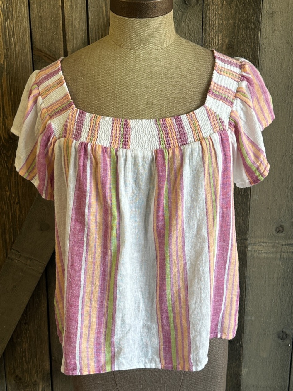 Rails Sonora Hibiscus Stripe Linen Blend Boho Smocked Blouse Top Medium
